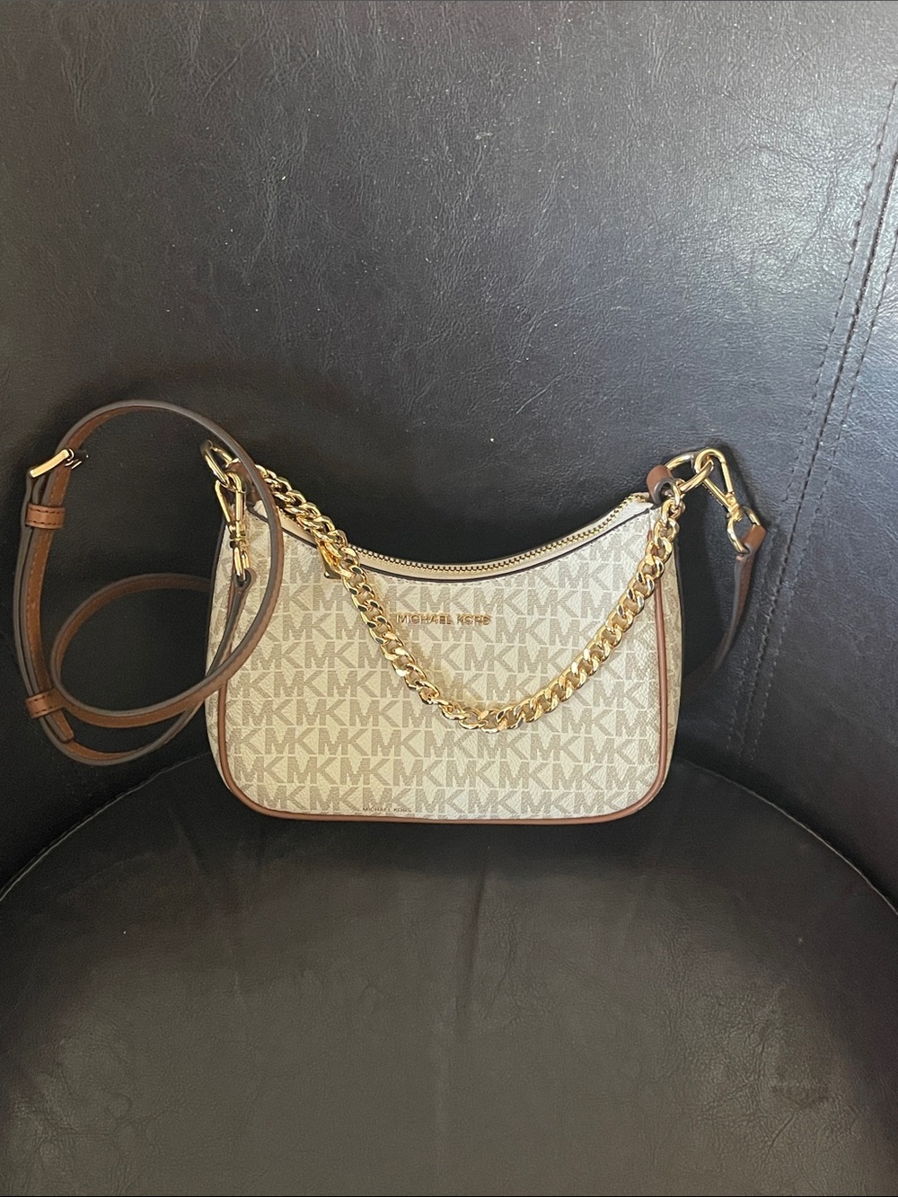 Michael Kors Beige MK Signature Crossbody with Brown Trim and Gold Chain